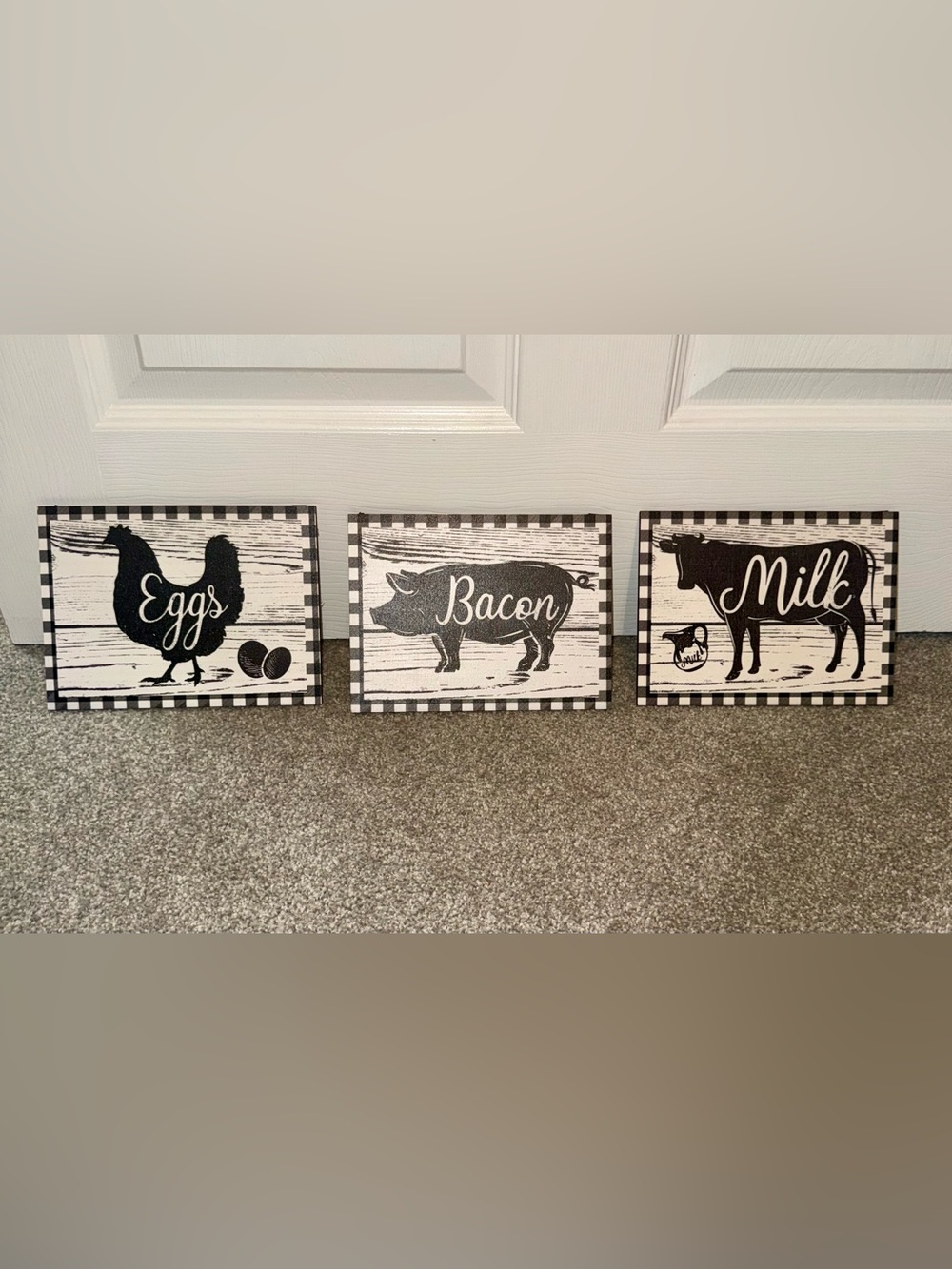 Farmhouse Kitchen Wall Decor Set of 3 “Eggs, Bacon, Milk” Buffalo Check Signs